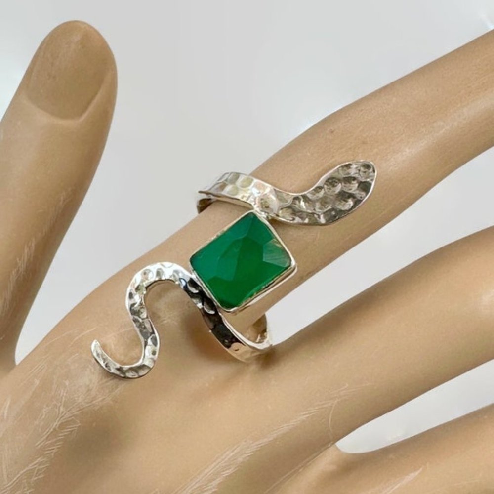 Snake Ring, Sterling Silver, Green Onyx, Faceted Stone, Size 9 1/2, Handmade
